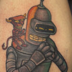 Color tattoo done near me in Depoe Bay, Oregon of Bender and the Robot Devil on his shoulder done by https://www.instagram.com/james.paul.egan?igsh=MWdiMHQ3NHkzMWkxdA%3D%3D&utm_source=qr
