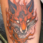 A colorful custom tattoo of a fox engulfed in flames done near me by the tattoo artist https://www.instagram.com/james.paul.egan?igsh=MWdiMHQ3NHkzMWkxdA%3D%3D&utm_source=qr